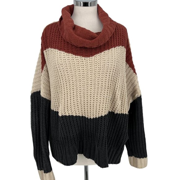 POL Chenille Colorblock Turtleneck Sweater Orange Ivory Size Medium - Picture 1 of 13
